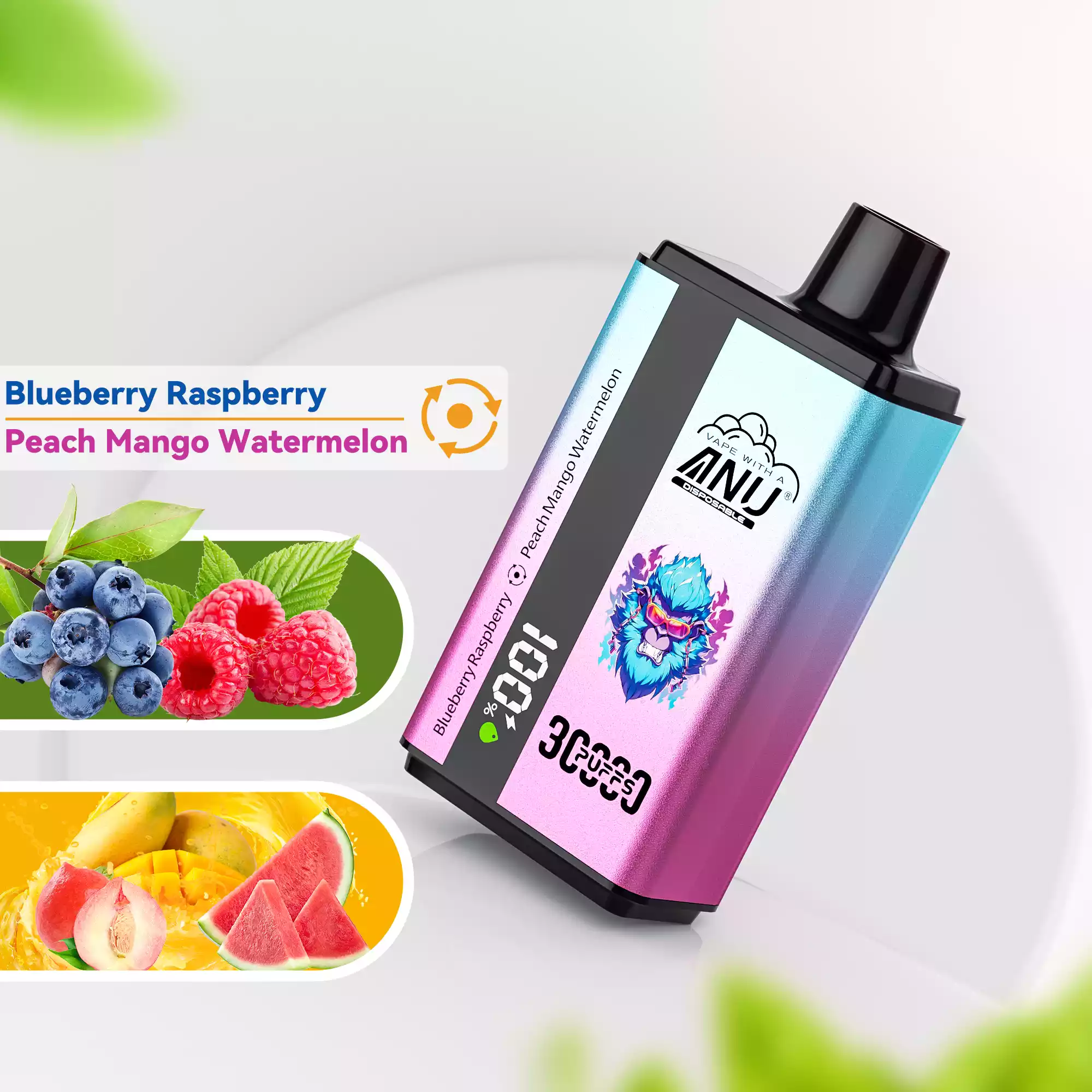 ANU 30000 Züge Blaubeere Himbeere & Pfirsich Mango Wassermelone E-Zigaretten Original Fabrik Großhandel Höchste Qualität Rascher Versand 0% 2% 3% 5% niedriger Nikotingehalt